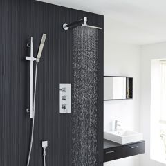 Chrome Square Shower System with Slide Rail Kit, Thermostatic Triple Faucet Valve and Overhead Head Shower