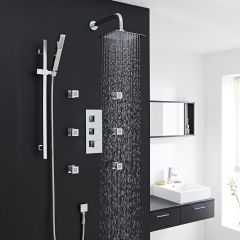Thermostatic Shower System with Slider Rail Kit, Wall Arm & 6 Body Jets